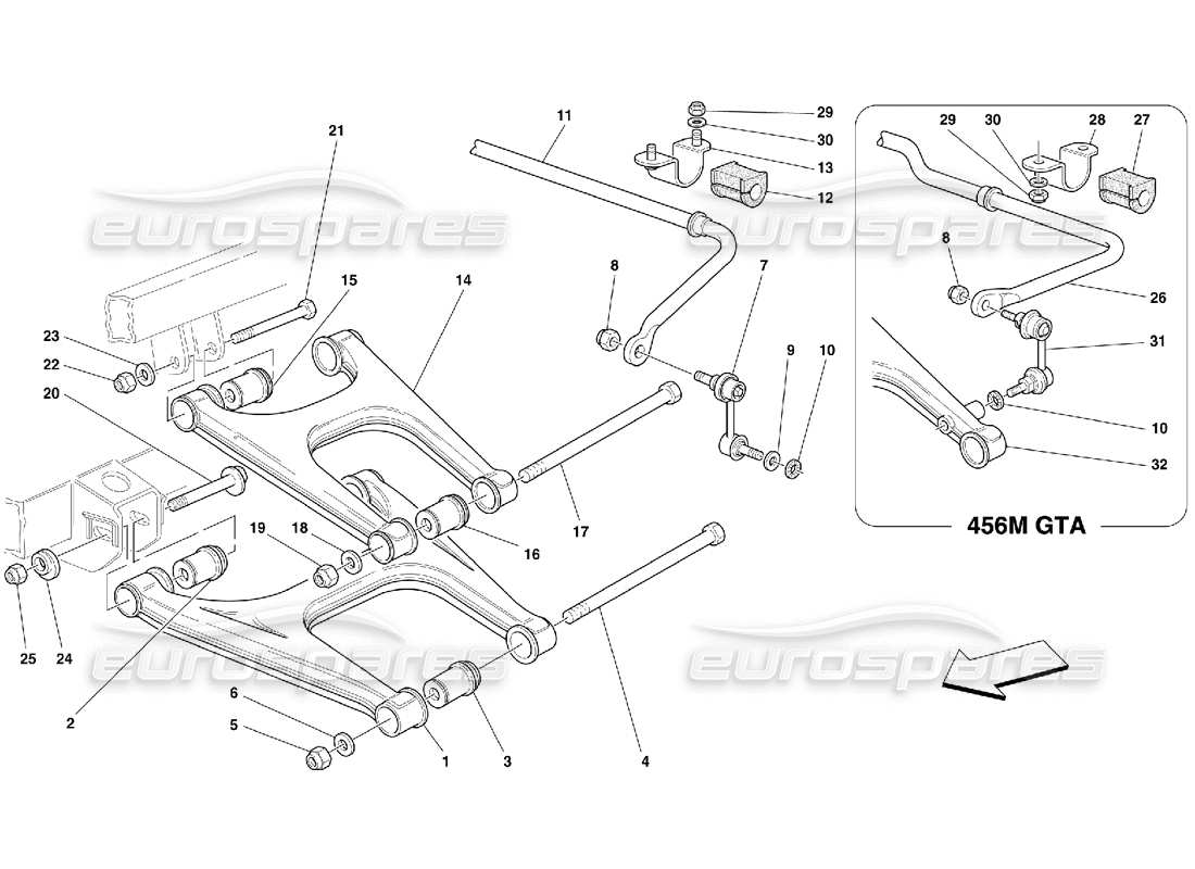 Ferrari 456 M GT/M GTA Suspensión trasera: horquillas y barra estabilizadora Diagrama de piezas