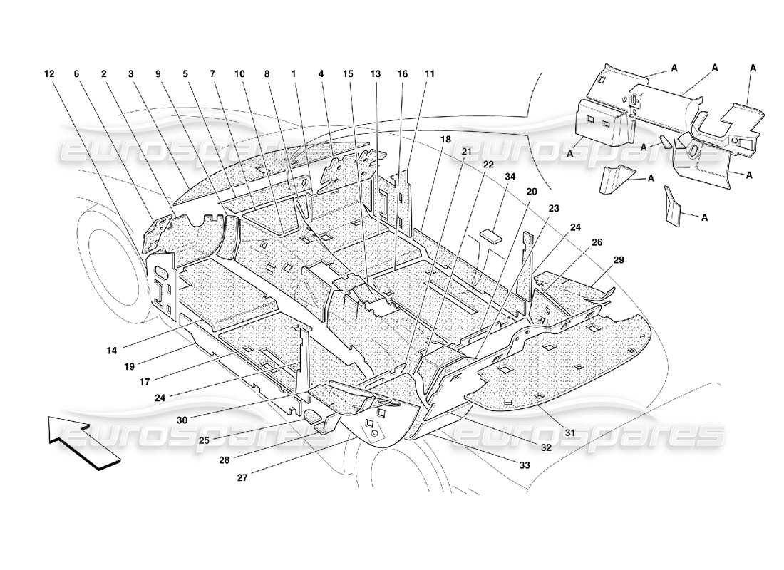 Ferrari 456 M GT/M GTA Compartimiento de pasajeros. y compartimento del motor. Aislamientos Diagrama de piezas