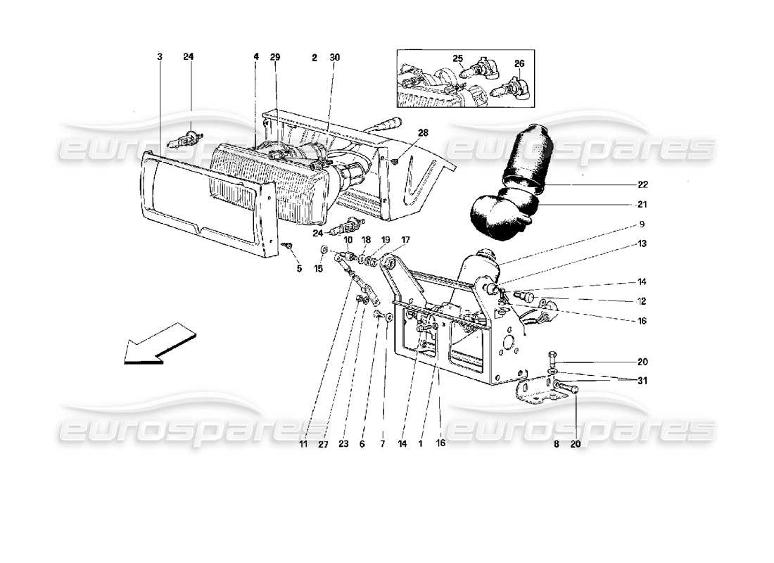 Ferrari Mondial 3.4 t Coupe/Cabrio Dispositivo de elevación de faros y faros Diagrama de piezas