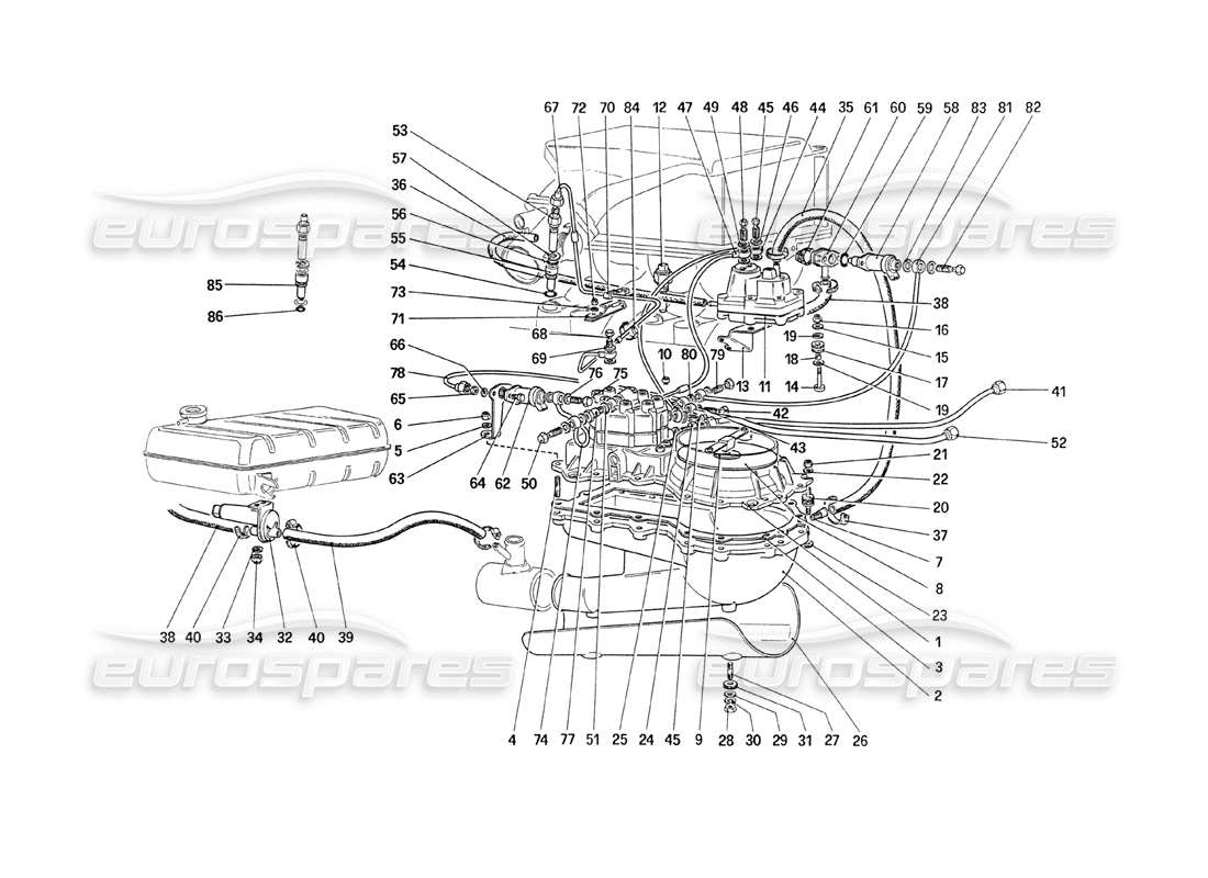Ferrari 208 Turbo (1989) Líneas de Distribuidores de Combustible Diagrama de piezas