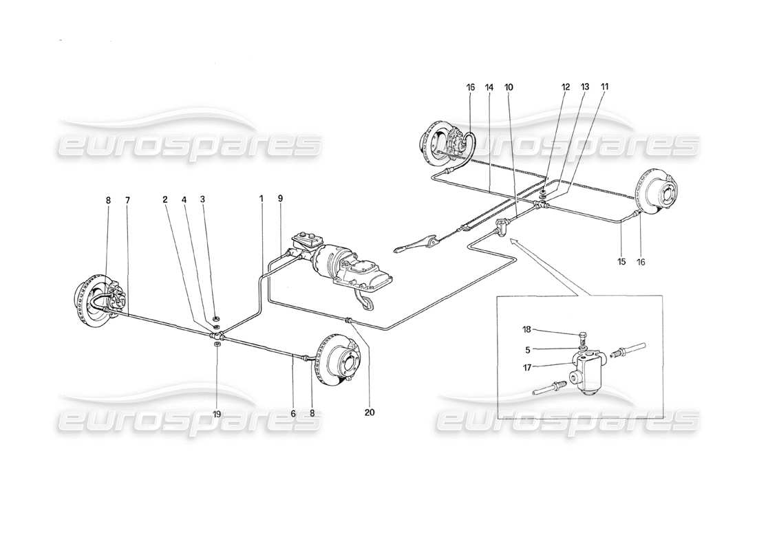 Diagrama de piezas del sistema de frenos Ferrari 208 Turbo (1989) (para automóviles sin sistema antideslizante)