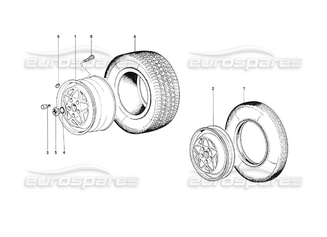 Diagrama de piezas de Ferrari 208 Turbo (1989) ruedas (a partir del número de automóvil 76626)