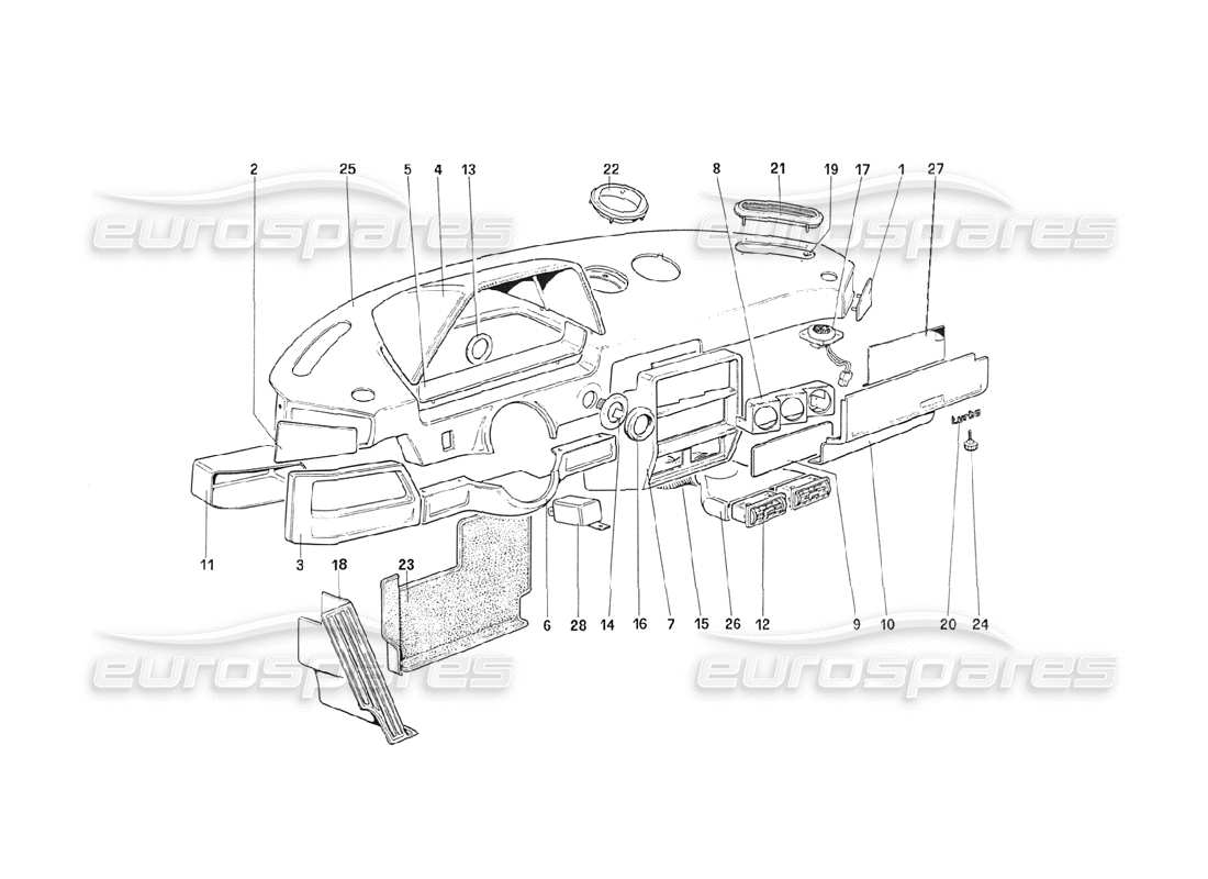 Diagrama de piezas del panel de instrumentos Ferrari 208 Turbo (1989) (hasta el automóvil 71595)
