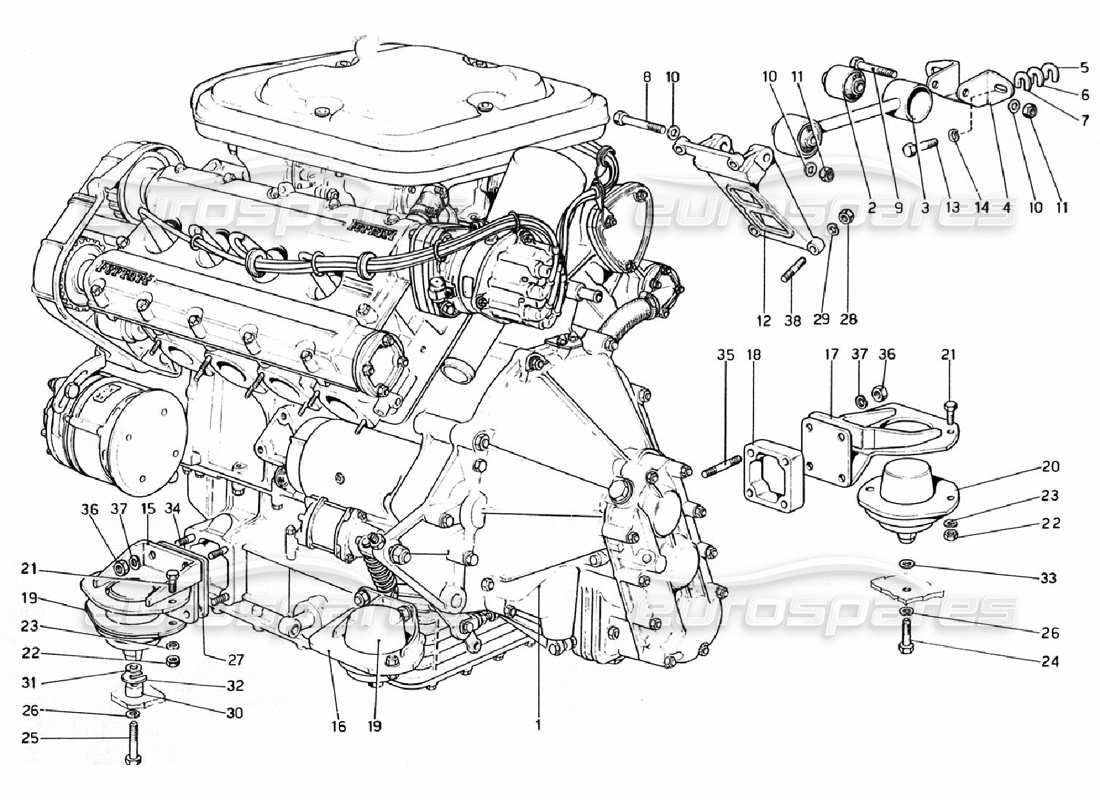 Ferrari 308 GTB (1976) Motor - Caja de cambios y soportes Diagrama de piezas
