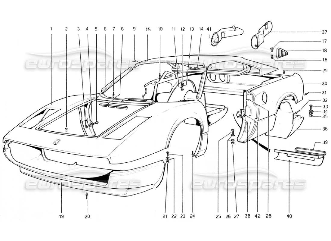 Ferrari 308 GTB (1976) Carrocería - Elementos exteriores (Válido para versiones RHD - AUS) Diagrama de piezas
