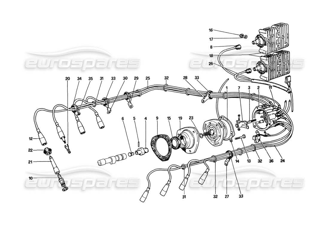 Diagrama de piezas de Ferrari 308 GTB (1980) Encendido del motor (del automóvil número 23561 GTB y 23265 GTS)