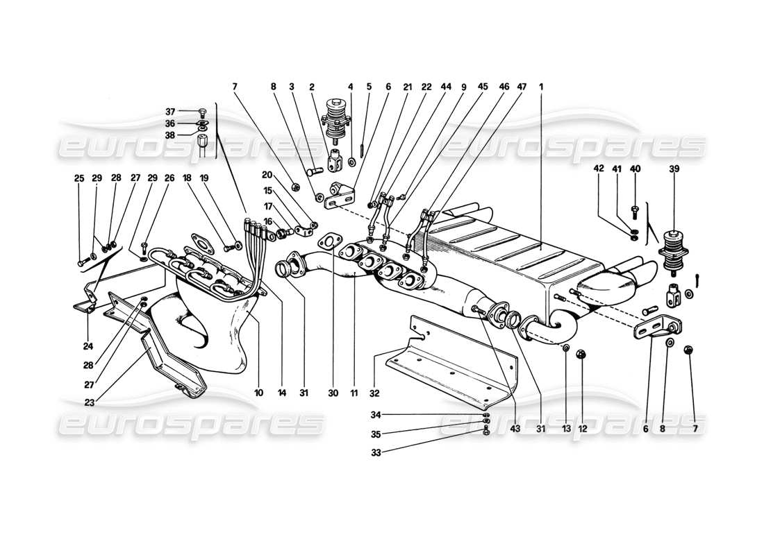 Diagrama de piezas de Ferrari 308 GTB (1980) Sistema de escape (variantes para la versión AUS)
