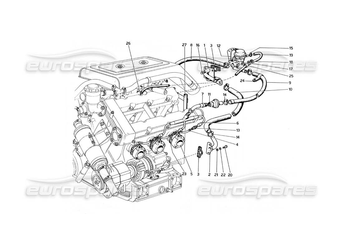 Diagrama de piezas de válvula desviadora y tuberías de Ferrari 246 Dino (1975) (variantes para versiones de EE. UU.)