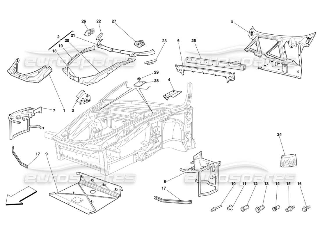 Ferrari 360 Challenge Stradale Marco - Estructuras y Placas Frontales Completas Diagrama de piezas