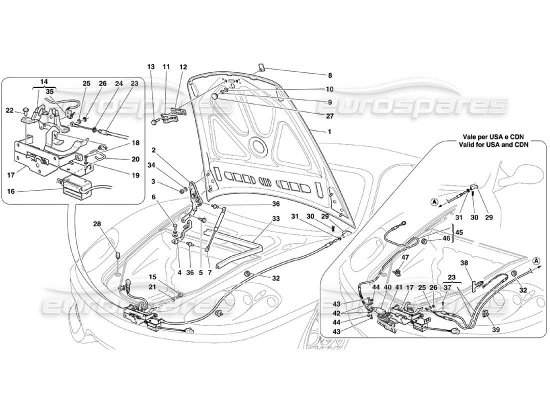 Ferrari 360 Challenge Stradale Capó delantero y dispositivo de apertura Diagrama de piezas