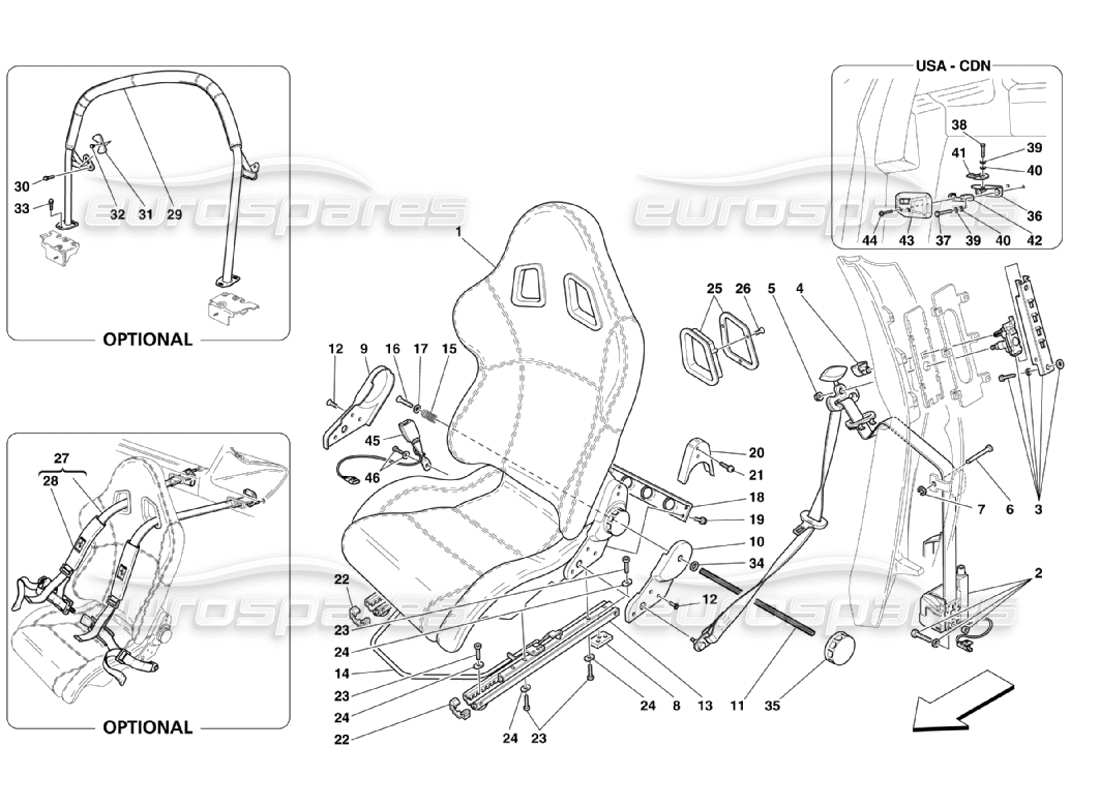 Ferrari 360 Challenge Stradale Asiento Racing-Cinturones de seguridad-Barra antivuelco Diagrama de piezas