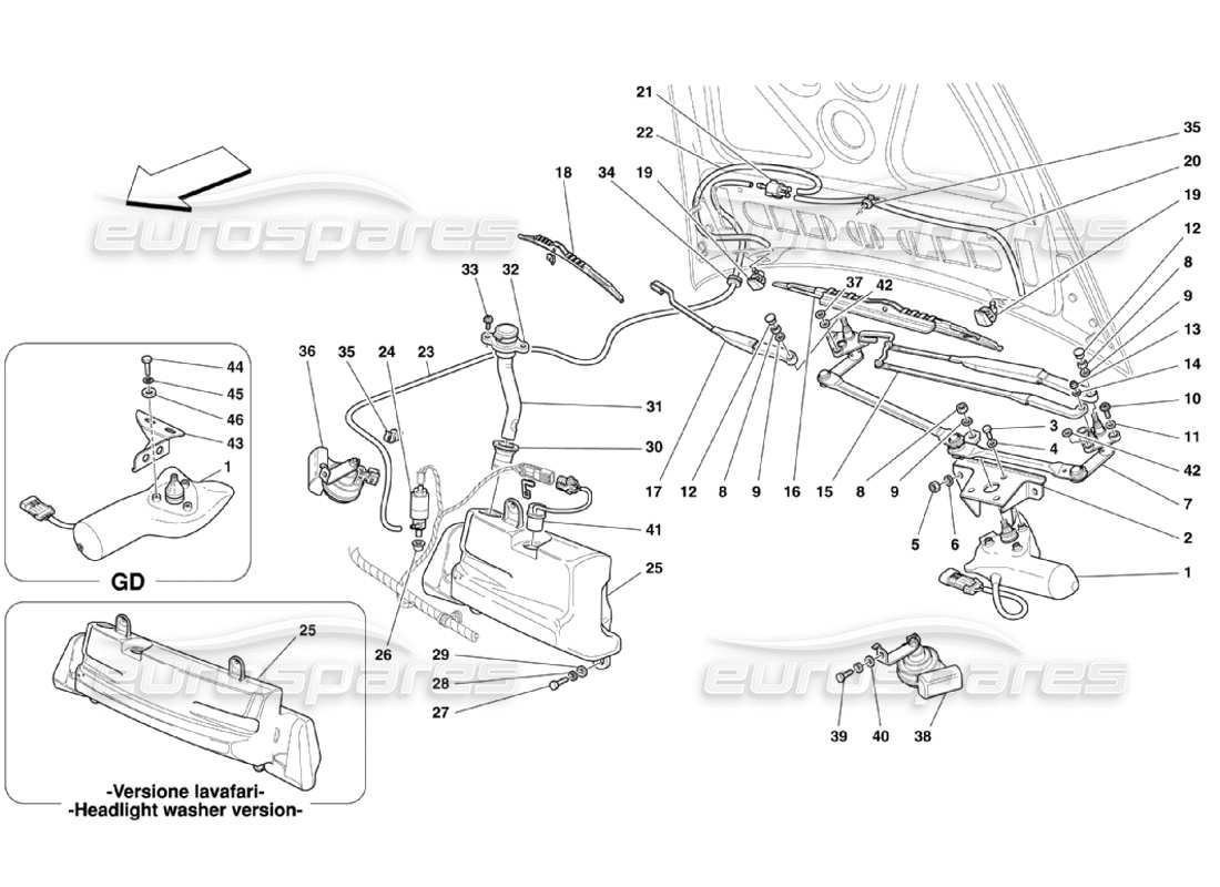 Ferrari 360 Challenge Stradale Parabrisas, Arandela y bocinas Diagrama de piezas