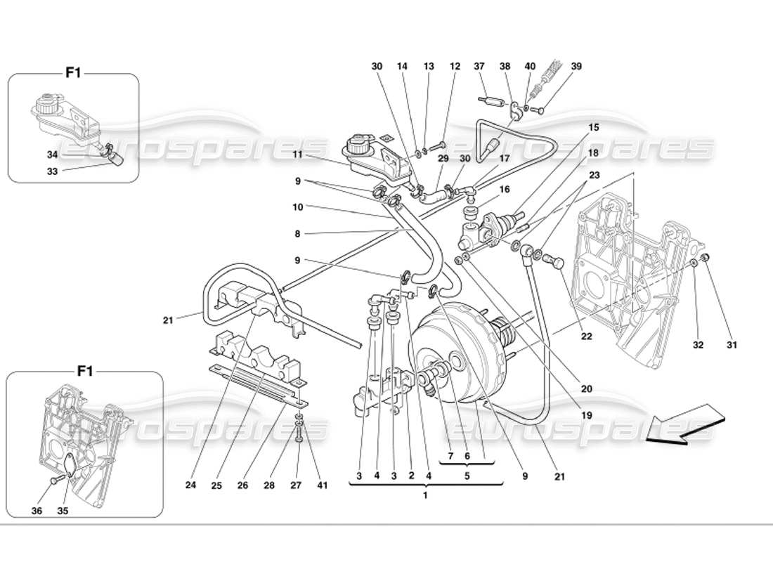Ferrari 360 Modena controles hidráulicos de frenos y embrague Diagrama de piezas