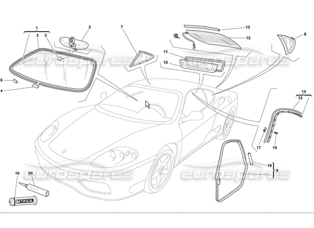Ferrari 360 Modena Vidrios y Juntas Diagrama de piezas