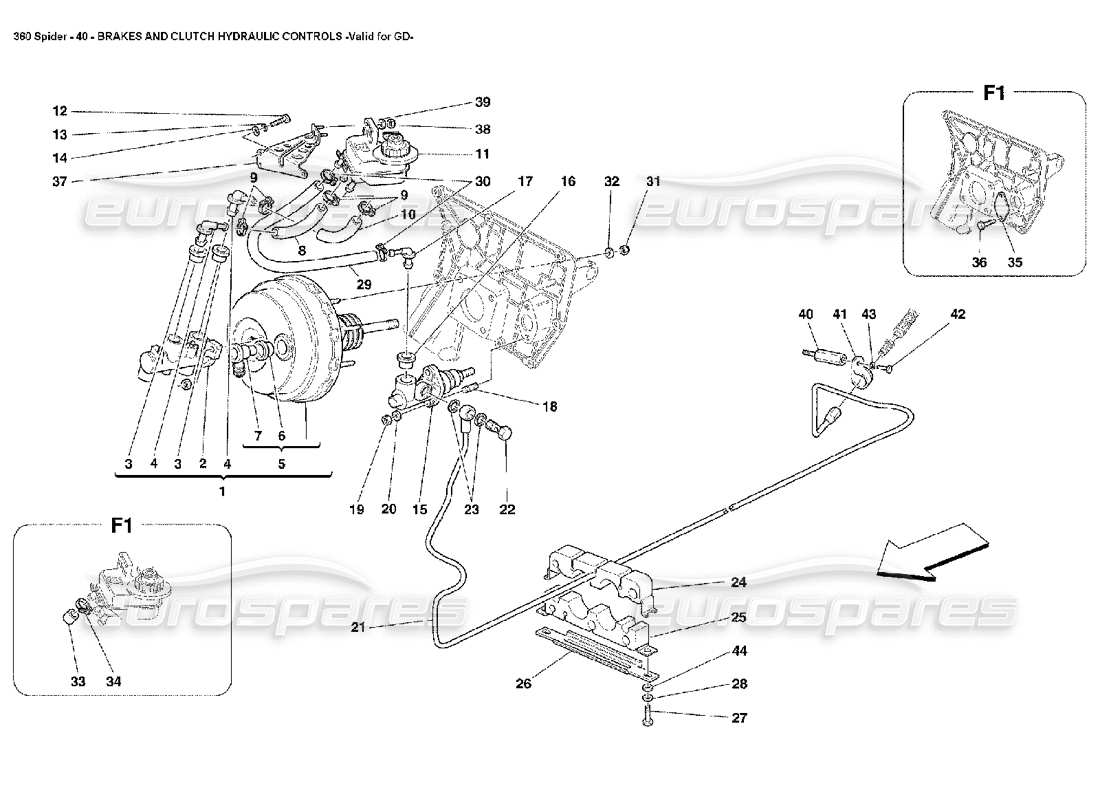 Ferrari 360 Spider controles hidráulicos de frenos y embrague Diagrama de piezas
