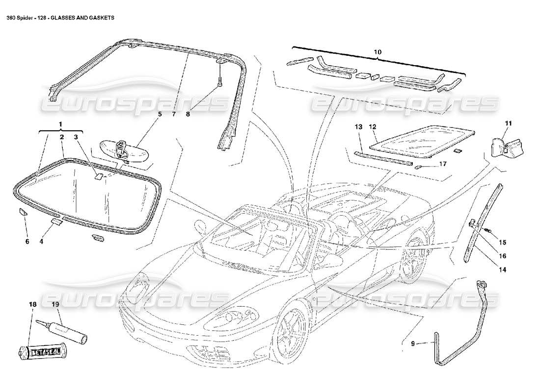 Ferrari 360 Spider Vidrios y Juntas Diagrama de piezas