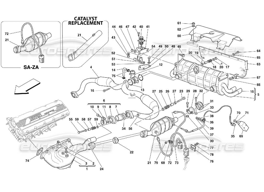Ferrari 355 (5.2 Motronic) Sistema de escape Diagrama de piezas