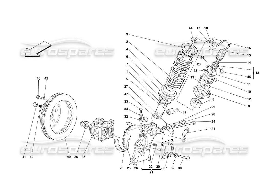 Ferrari 355 (5.2 Motronic) Suspensión trasera: amortiguador y disco de freno Diagrama de piezas