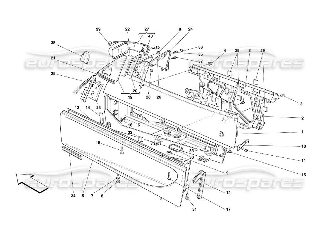 Ferrari 355 (5.2 Motronic) Puertas - Marco y Retrovisor Diagrama de piezas