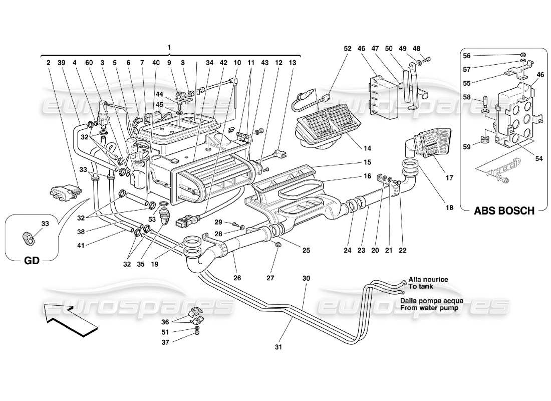 Ferrari 355 (5.2 Motronic) Unidad Evaporadora y Aireación del Compartimento de Pasajeros Diagrama de piezas