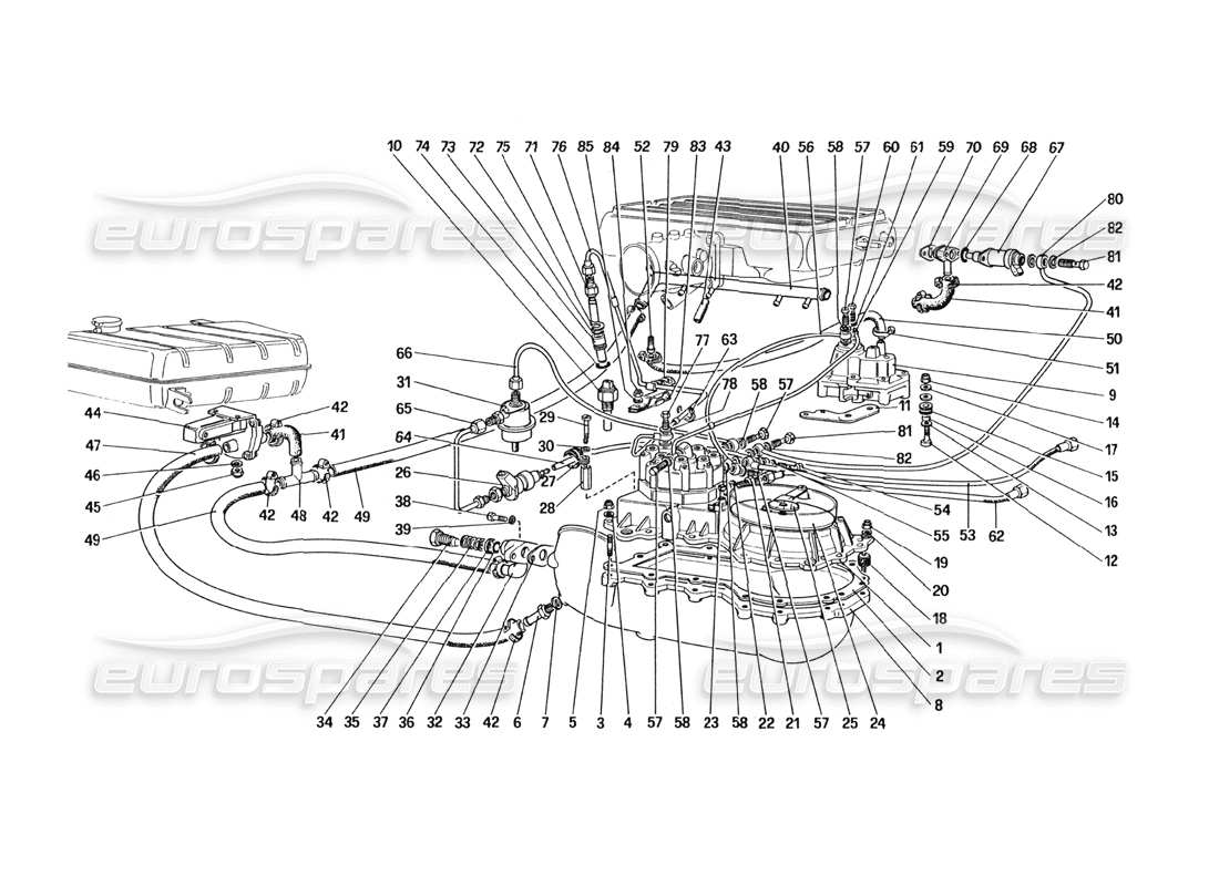 Ferrari 328 (1985) Diagrama de piezas de líneas de distribuidores de combustible (para la versión de EE. UU.)