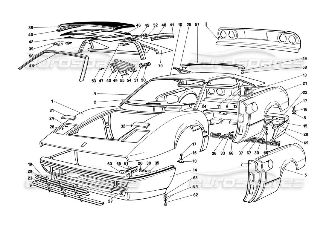 Ferrari 328 (1985) Carrocería - Diagrama de piezas de elementos exteriores (no para las versiones EE. UU. y SA)