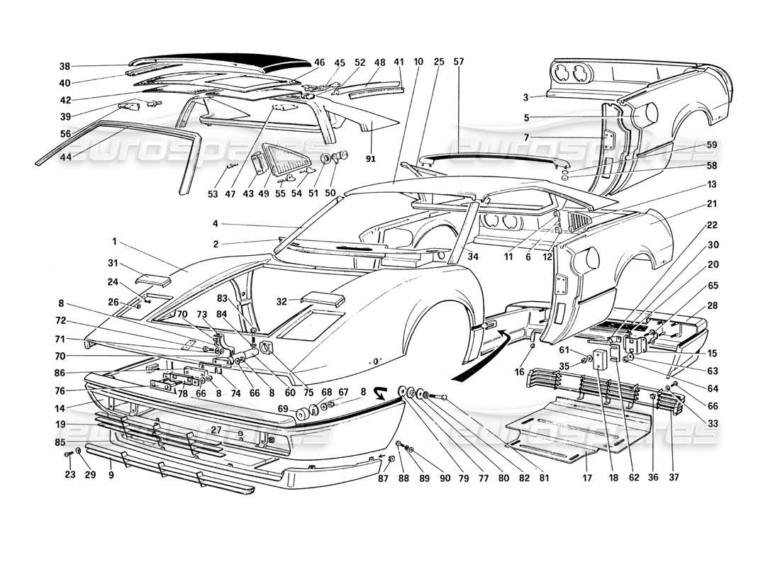 Ferrari 328 (1985) Carrocería - Diagrama de piezas de elementos exteriores (para versiones de EE. UU. y SA)