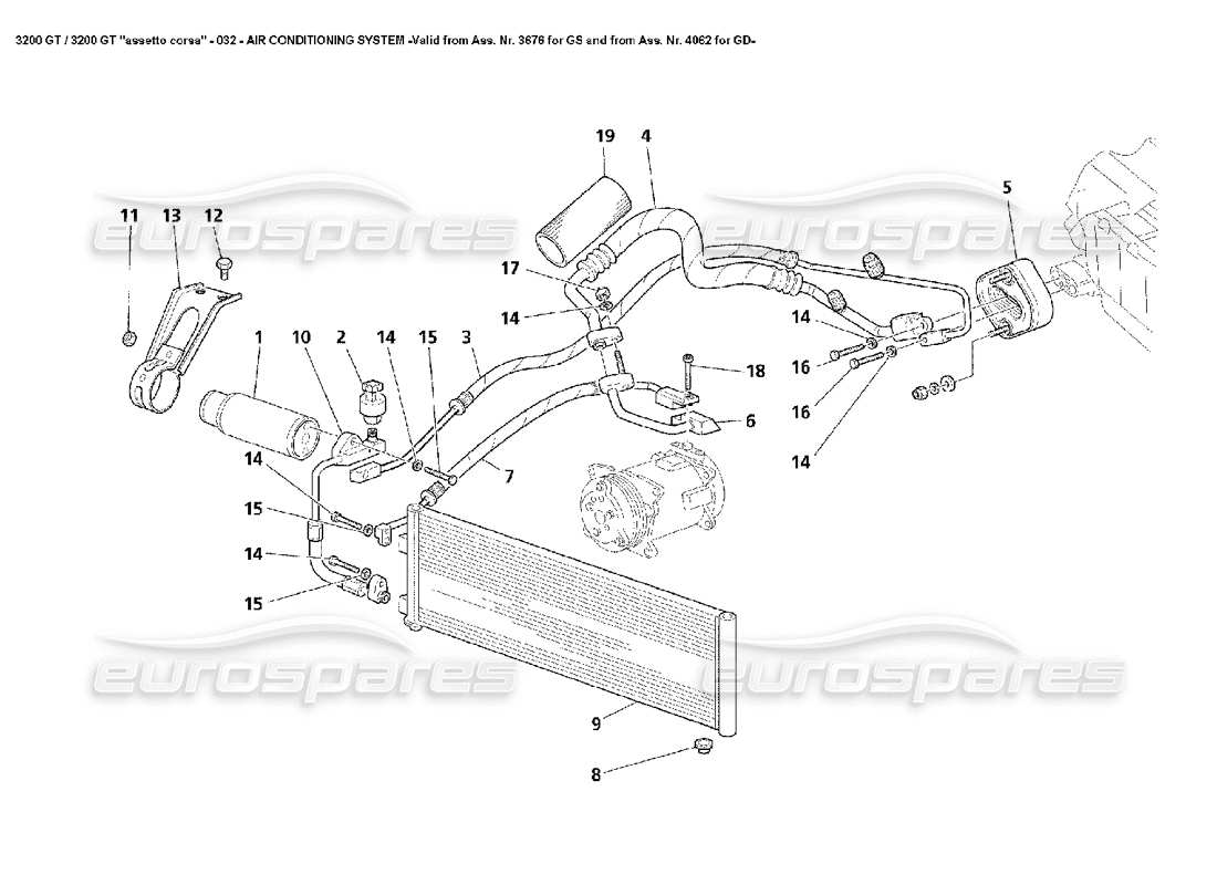 Maserati 3200 GT/GTA/Assetto Corsa Sistema de aire acondicionado -Válido desde Ass. Nro. 3676 para GS y From Ass. Nro. 4062 para GD-Diagrama de piezas