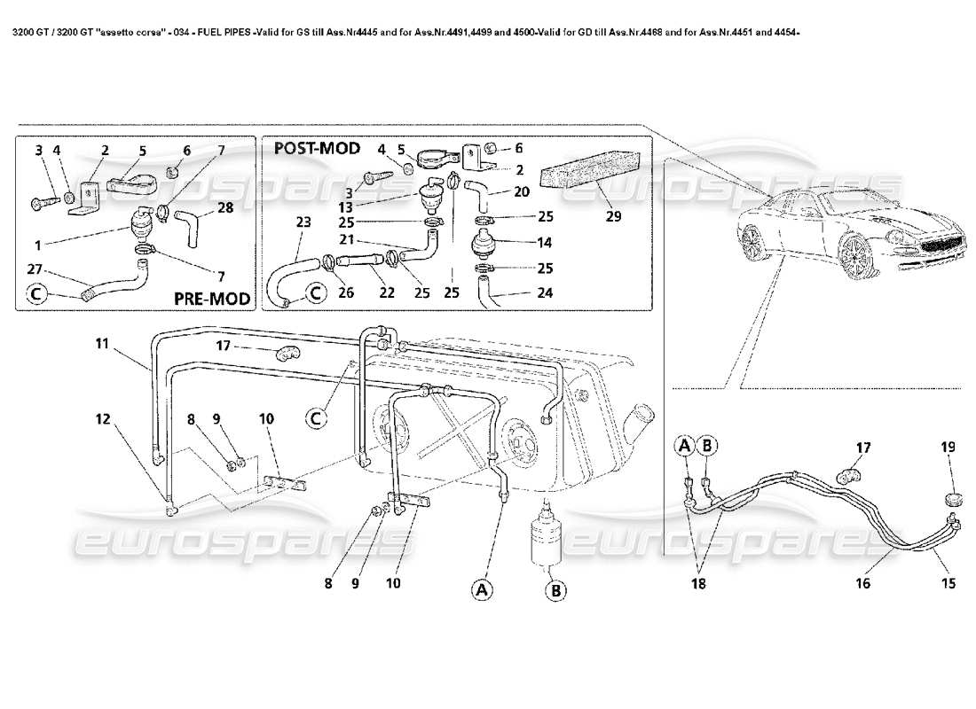 Maserati 3200 GT/GTA/Assetto Corsa Tuberías de combustible: válidas para GS Till Ass.Nr4445 y para Ass.Nr.4491,4499 y 4500-Valid para GD Till Ass.Nr.4468 y para 4451 y 4454- Diagrama de piezas