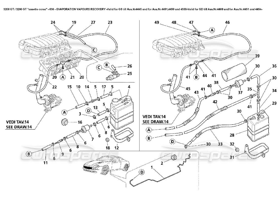 Maserati 3200 GT/GTA/Assetto Corsa Recuperación de vapor: válido para GS Till Ass.Nr4445 y para Ass.Nr.4491,4499 y 4500-Valid para GD Till Ass.Nr.4468 y para Ass.Nr. Diagrama de piezas 4451 y ​​4454-