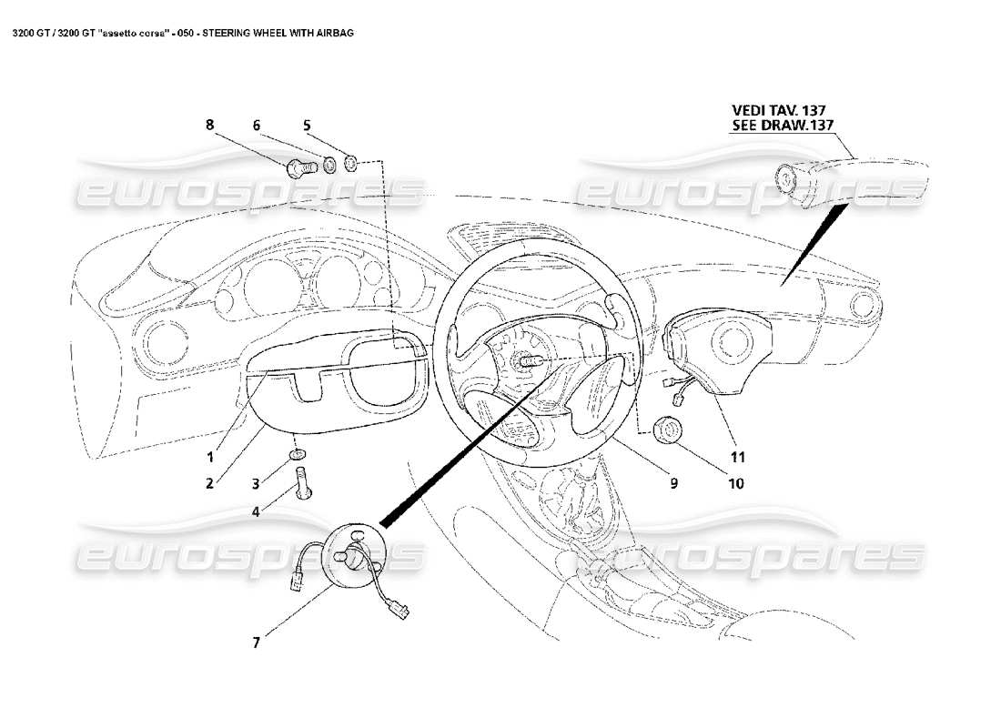 Maserati 3200 GT/GTA/Assetto Corsa Steering Wheel & Airbag Diagrama de piezas