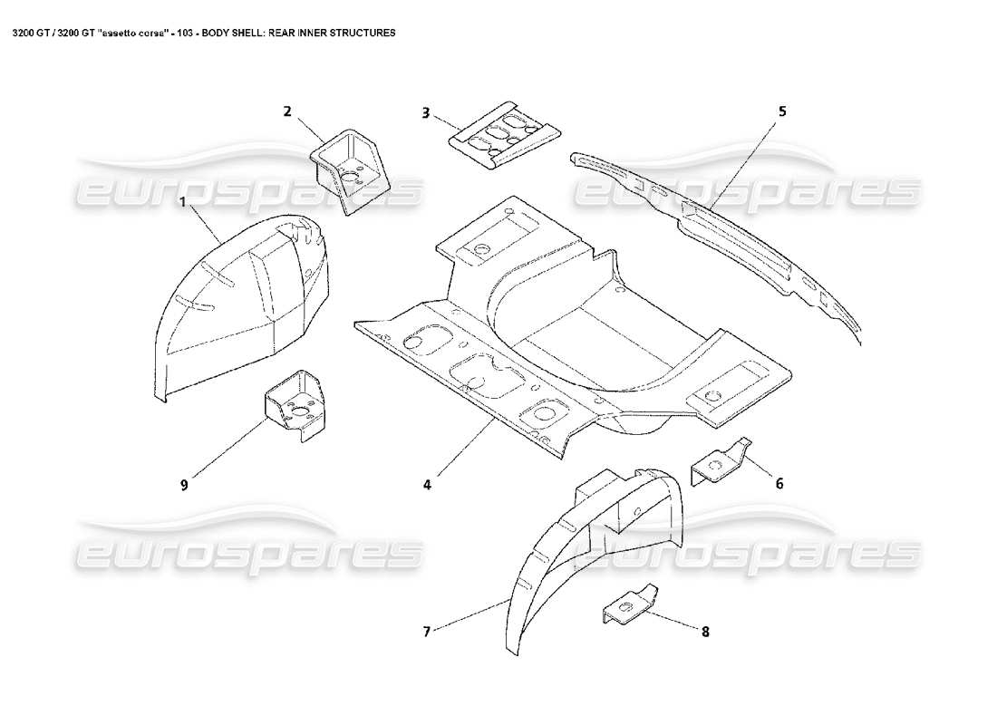 Maserati 3200 GT/GTA/Assetto Corsa Cuerpo: Estructuras internas traseras Diagrama de piezas
