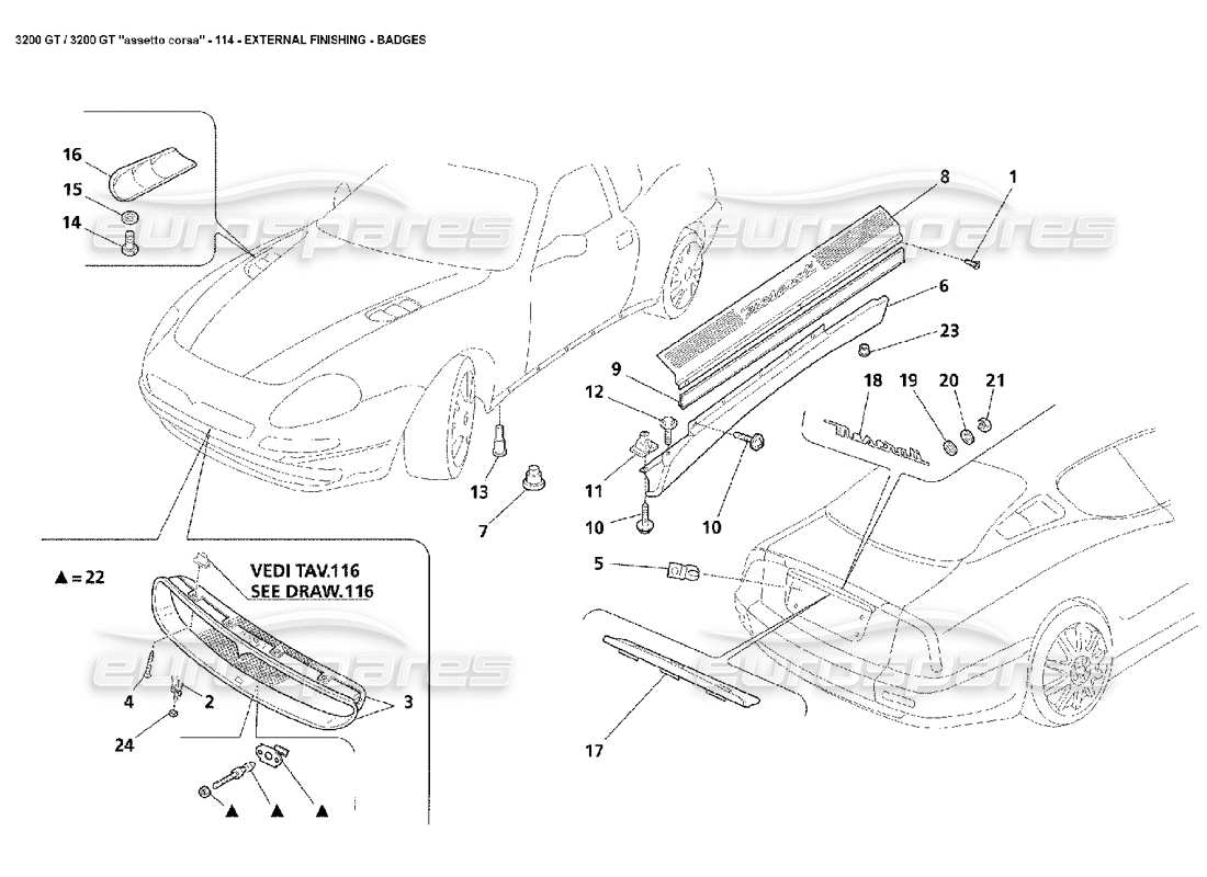 Maserati 3200 GT/GTA/Assetto Corsa Acabado Exterior: Insignias Diagrama de piezas
