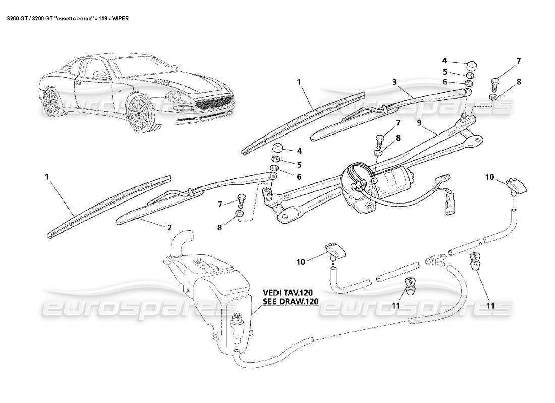 Maserati 3200 GT/GTA/Assetto Corsa Limpiaparabrisas Diagrama de piezas