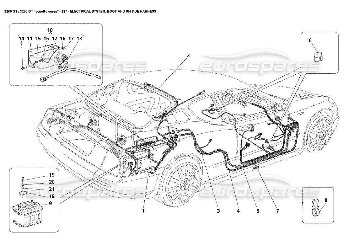 Maserati 3200 GT/GTA/Assetto Corsa Electrical: Boot & RH Side Harness Diagrama de piezas