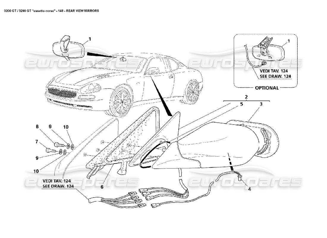 Maserati 3200 GT/GTA/Assetto Corsa Espejos retrovisores Diagrama de piezas