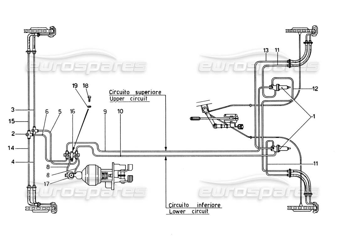 Ferrari 365 GTB4 Daytona (1969) Diagrama de piezas del sistema de frenos (1972 revisión)