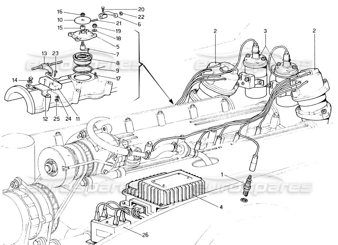 Ferrari 365 GTB4 Daytona (1969) Diagrama de piezas del sistema de encendido (1972 revisión)