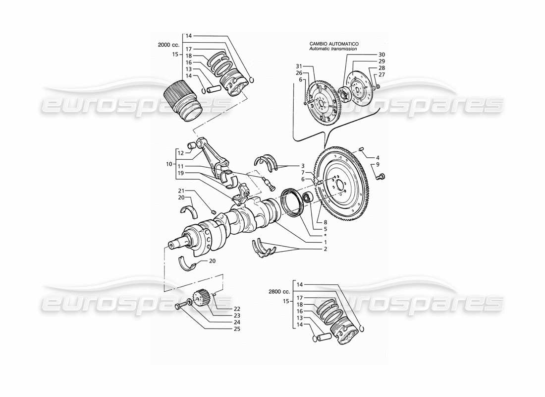 Maserati Ghibli 2.8 (ABS) Crankshaft, Pistons, Conrods & Flywheel Diagrama de piezas