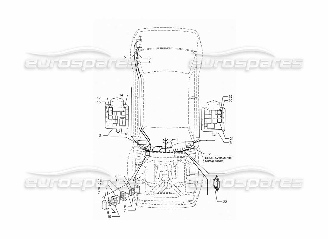Sistema eléctrico Maserati Ghibli 2.8 (ABS): diagrama de piezas del tablero y de la batería (transmisión izquierda)