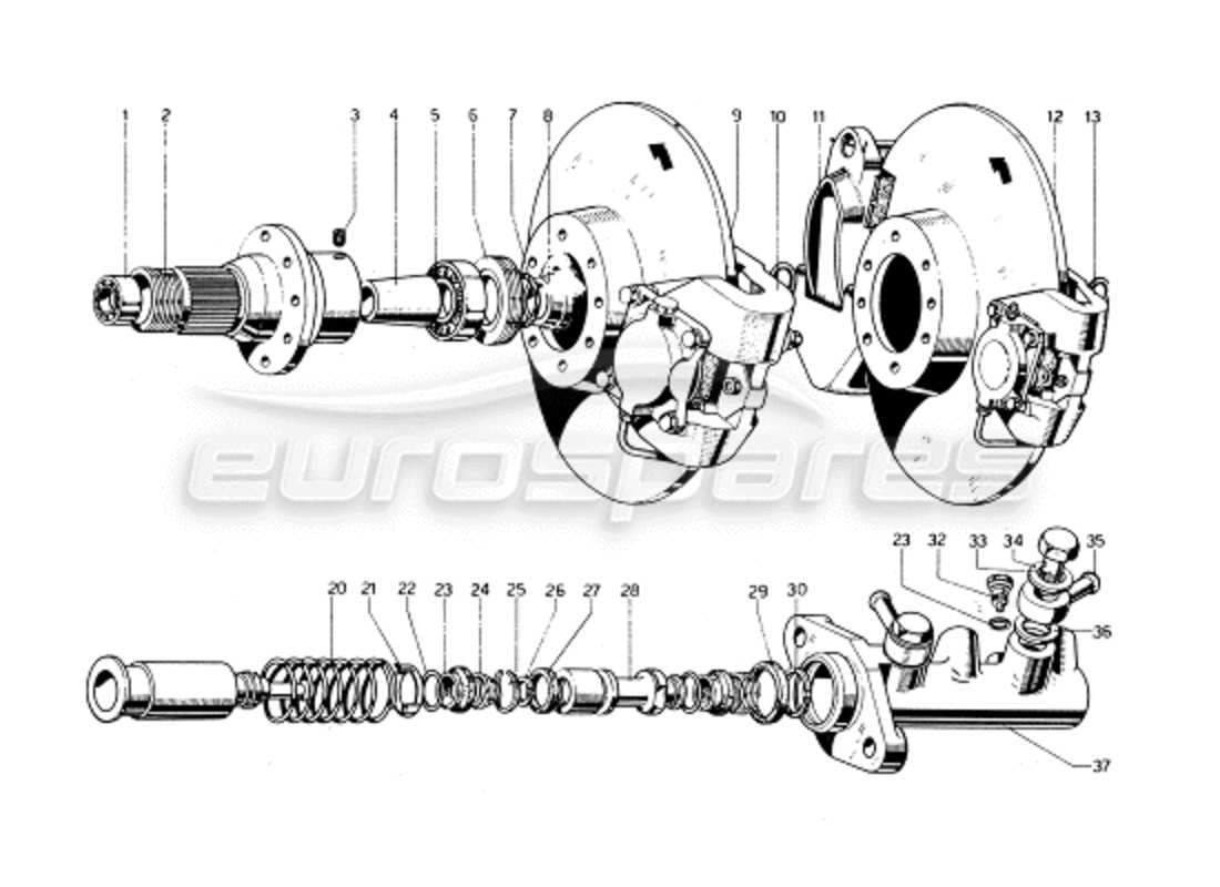 Ferrari 275 GTB/GTS 2 cam Rear Brake Discs & Clutch Master Cylinder Diagrama de piezas