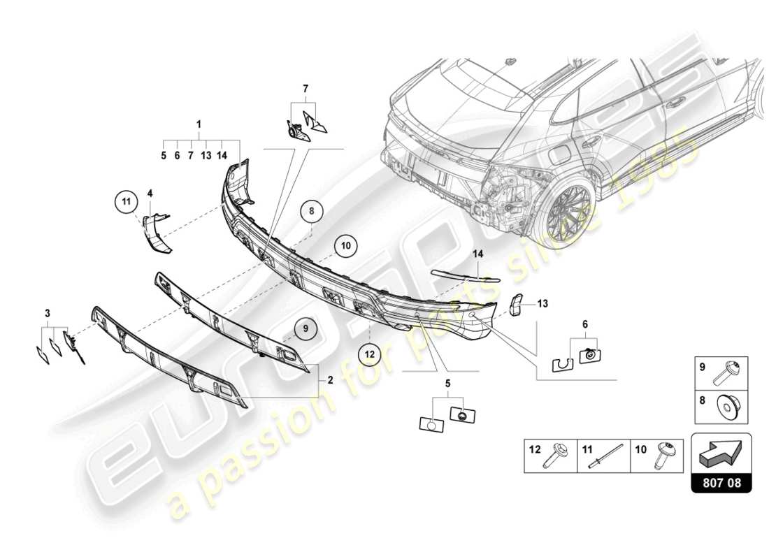 Lamborghini Urus (2021) PARACHOQUES TRASERO COMPLETO CARBONO Diagrama de piezas