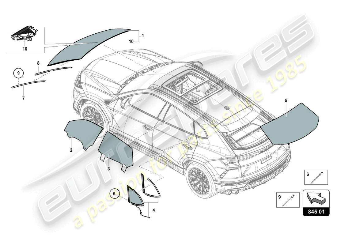 Lamborghini Urus (2021) VIDRIOS DE VENTANAS Diagrama de piezas
