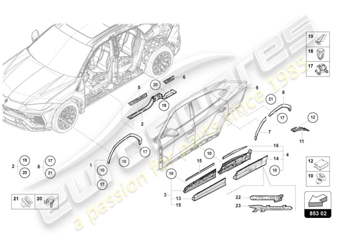 Lamborghini Urus (2021) TIRA DE EMBELLECEDOR DE UMBRAL Diagrama de piezas