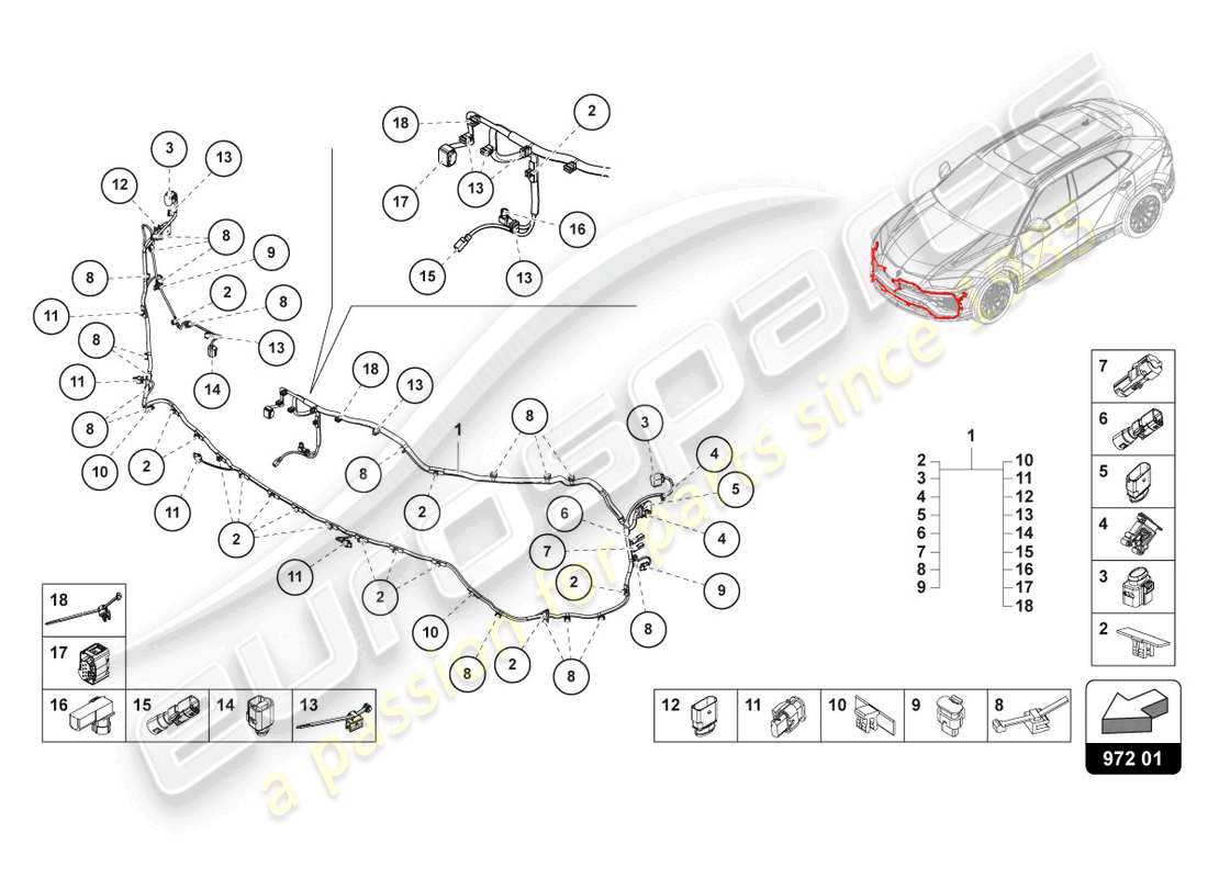 Lamborghini Urus (2021) JUEGO DE CABLEADO PARA PARACHOQUES DELANTERO Diagrama de piezas