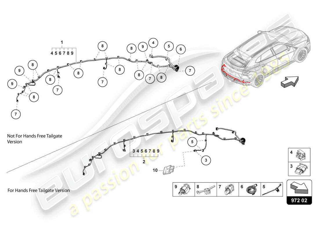 Lamborghini Urus (2021) JUEGO DE CABLEADO PARA PARACHOQUES TRASERO Diagrama de piezas