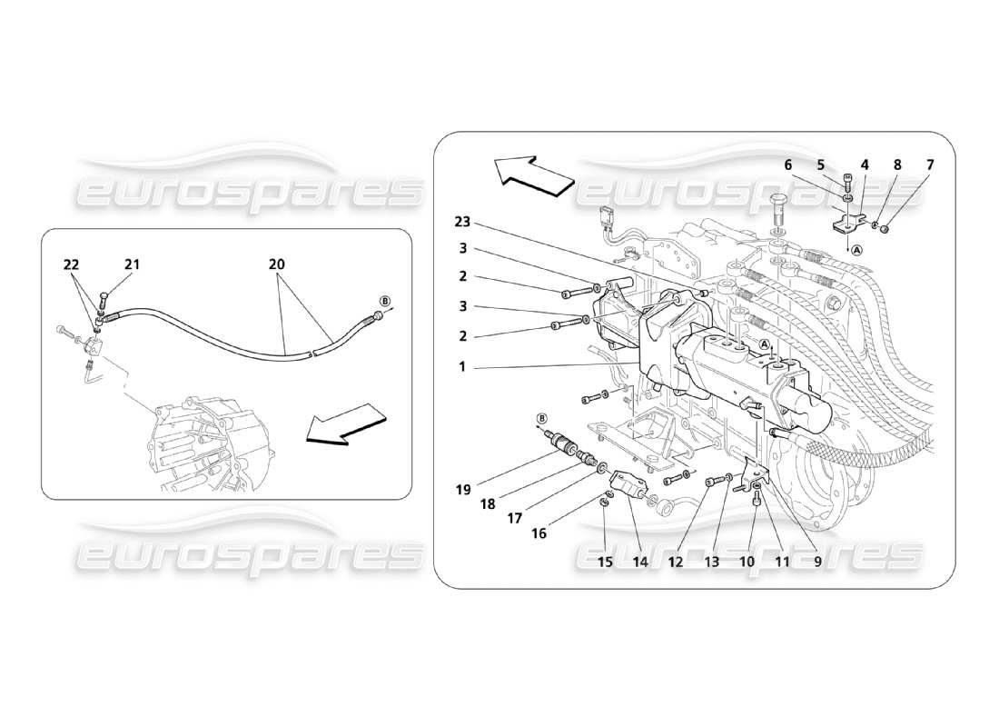 Maserati QTP. (2003) 4.2 Controles hidráulicos para la caja de cambios F1 Diagrama de piezas