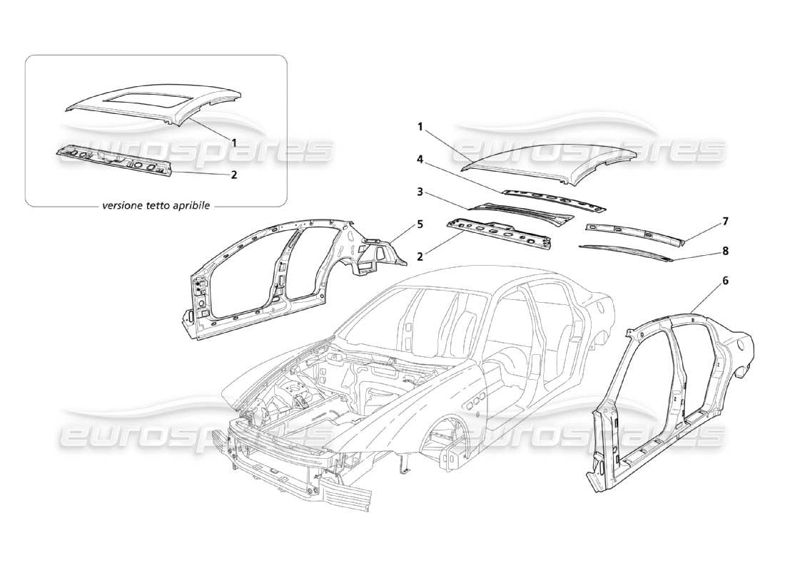 Maserati QTP. (2003) 4.2 Estructuras exteriores centrales y cuerpo. Diagrama de piezas