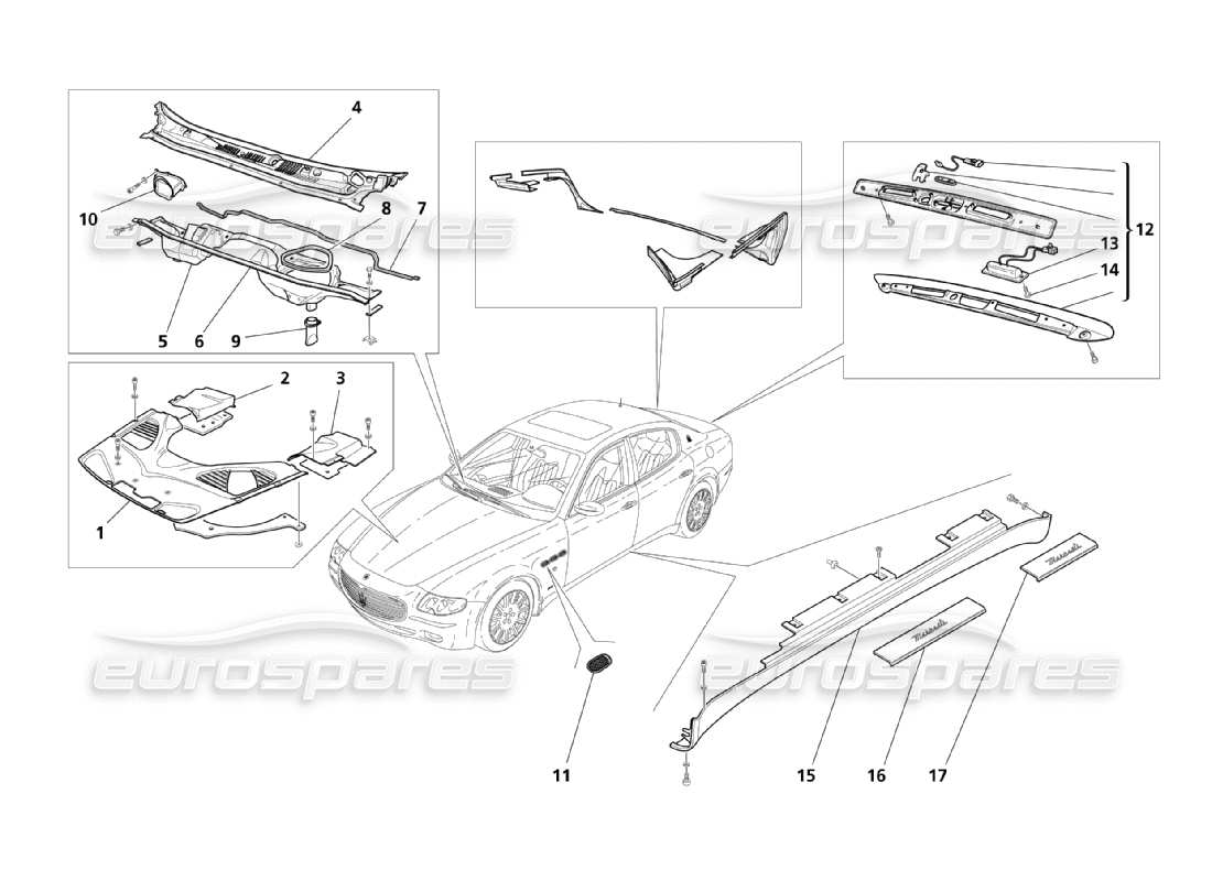 Maserati QTP. (2003) 4.2 Escudos, Molduras Y Cubiertas Diagrama de piezas