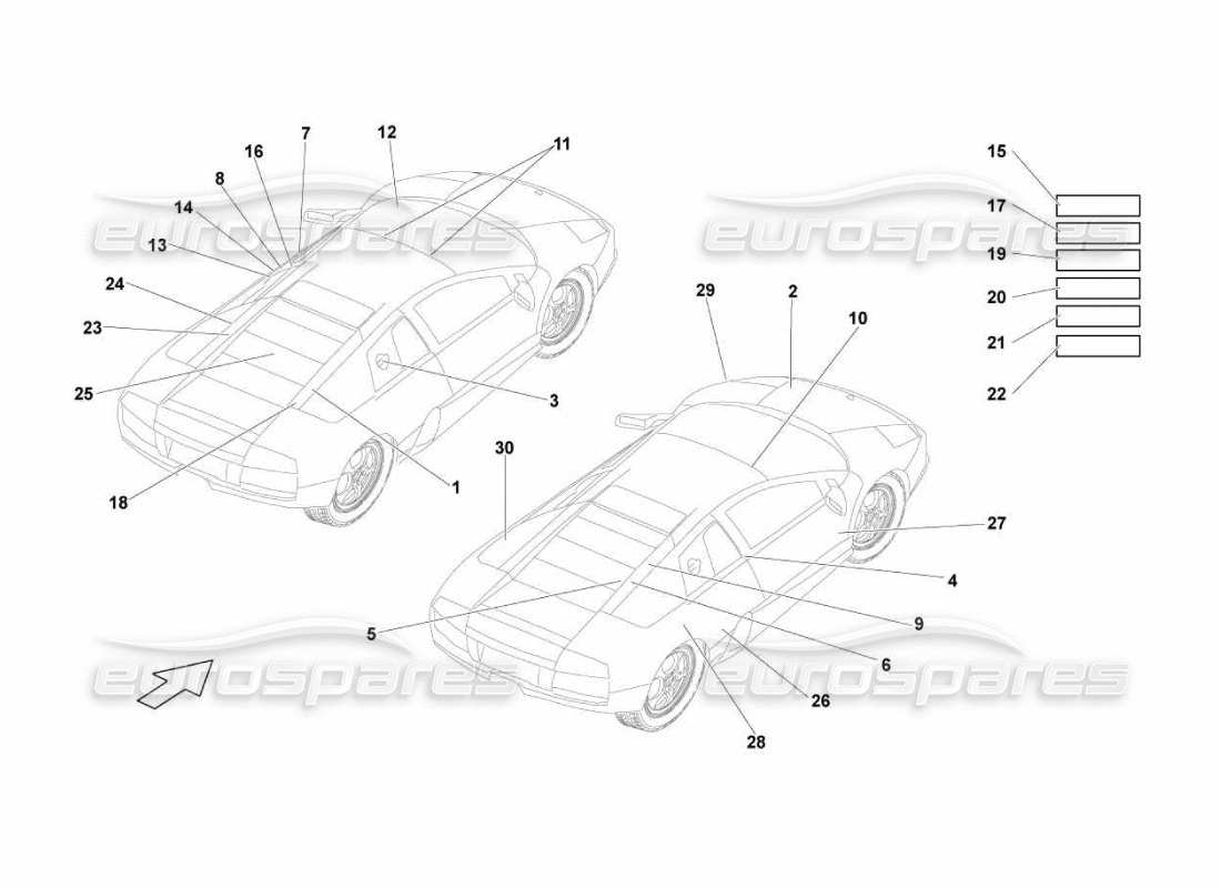 Lamborghini Murcielago LP670 Placas de nombre Diagrama de piezas